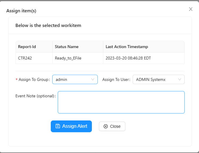 review ctr alert - assign workitem