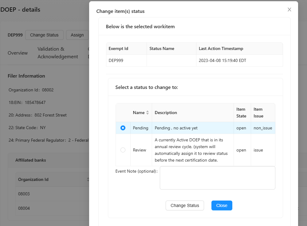 review DOEP workitem - update status